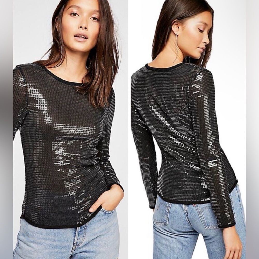 Free People Diamond Eyes Long Sleeve Sequin Top